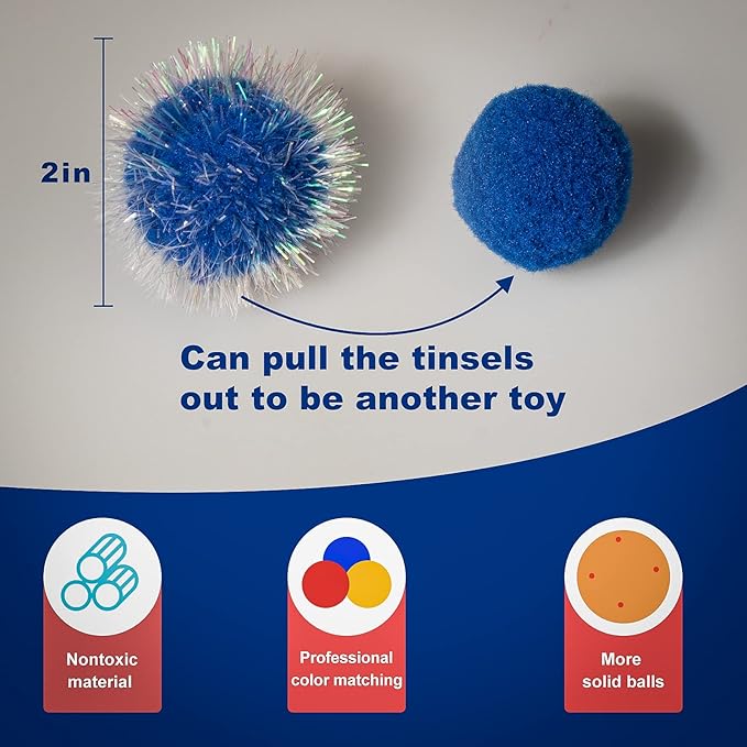 VAPKER 30 Pcs Cat Ball Toys Sparkle Balls Extra Large 2 Inch Cat's Favorite Chase Glitter Ball Glitter Tinsel Pom Poms Balls Dark Blue Color