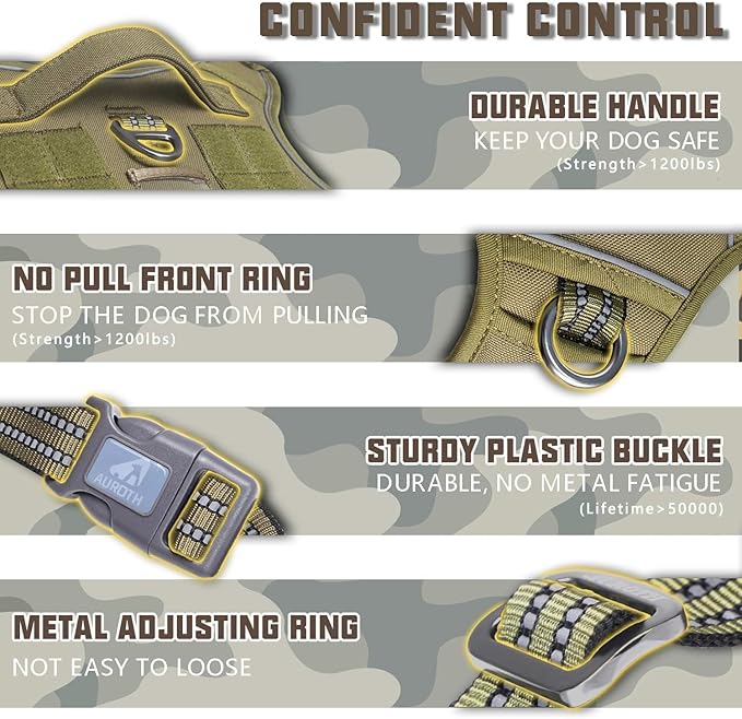 AUROTH Tactical Harness for Large Dogs No Pull Adjustable Pet Harness Reflective Working Training Easy Control Military Service Pet Vest Army Yellow XL