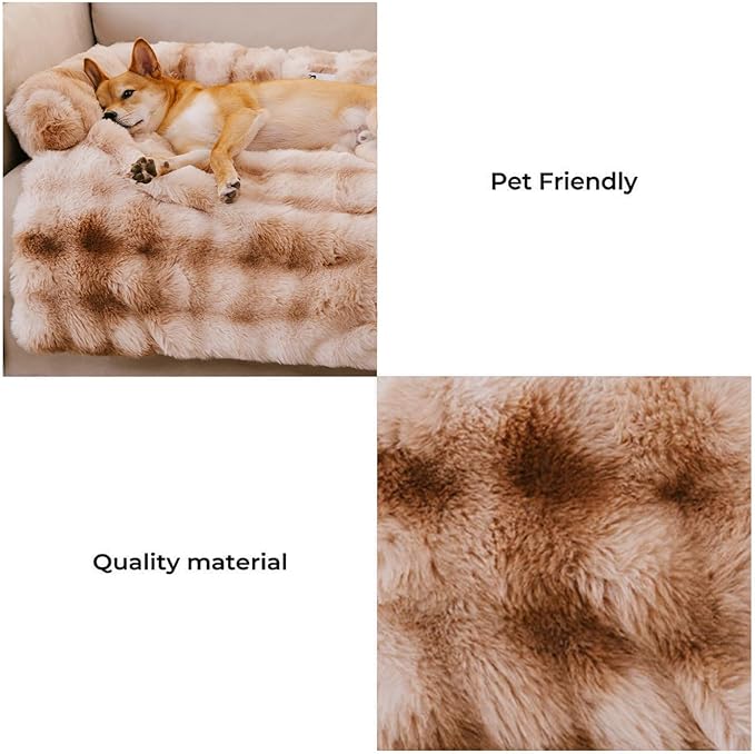 FUNNY FUZZY Pet Fluffy Fuzzy Couch Cover, Calming Washable Dog Bed Sofa Protector Pets Mat for Small Medium Dogs and Cats (Tie-dye Brown,33.45 × 28.35 × 5.51 in)