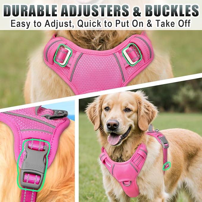 BARKBAY No Pull Dog Harness Large Reflective Dog Harness with Front Clip and Easy Control Handle for Walking Training Running with ID tag Pocket(Pink,L)