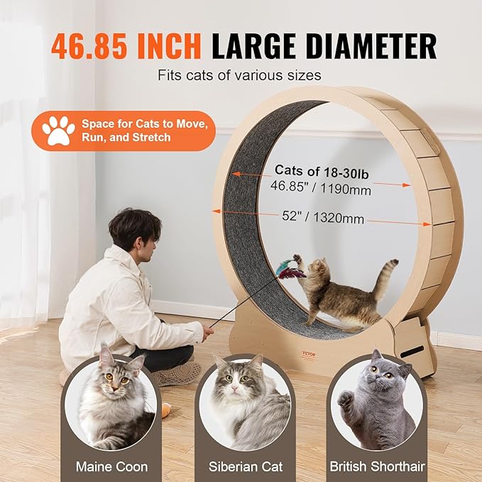 VEVOR Cat Exercise Wheel, 52" Large Cat Treadmill Wheel for Indoor Cats, Running Wheel with Detachable Carpet & Teaser for Running/Walking/Training, Suitable for Most Cats