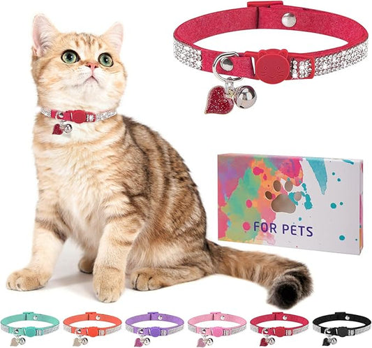 Rhinestone Cat Collar Breakaway with Bell, Diamond Cat Collar with Safety Buckle Quick Release for Girl Boy Small Kitten Pets Puppy,Cute Soft Female Male Cat Collars, Color Red 8-12"