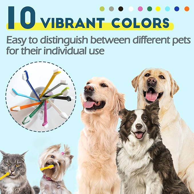 300 Pcs Dog Toothbrush Cat Tooth Brushes Bulk, Double Sided Brushing Kit, Teeth Cleaning Kit Soft Bristles Long Handle, Pet Tooth Brush for Small to Large Dog, Cat, Puppy & Kitten, 10 Colors