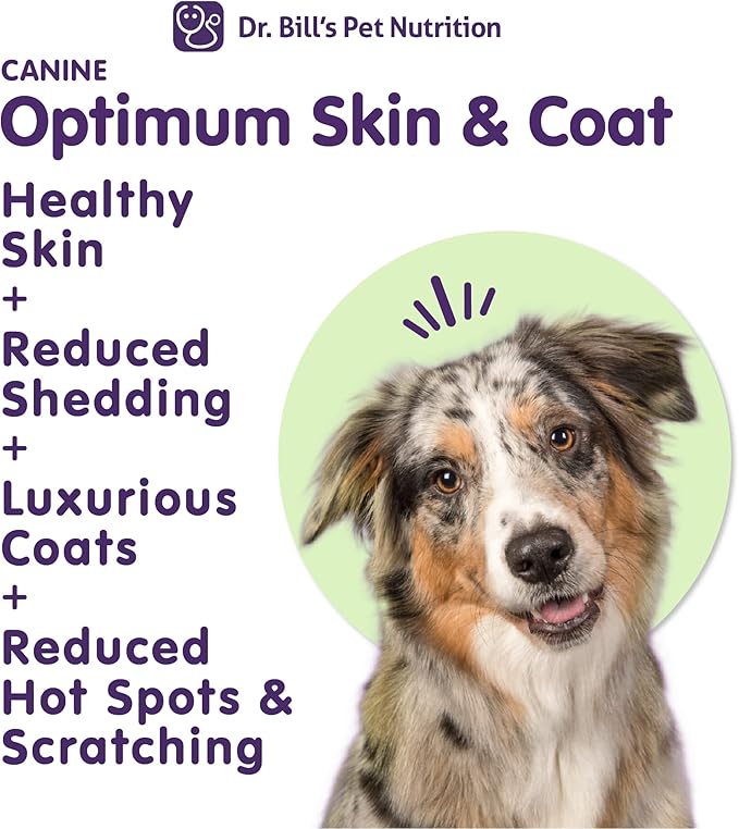 Dr. Bill's Canine Optimum Skin & Coat – Reduces Shedding, Itching, Dry Skin – Allergy Relief for Healthy Fur - Omega 3, Collagen, Biotin & Hyaluronic Acid – 680g Vet-Recommended Dog Supplement