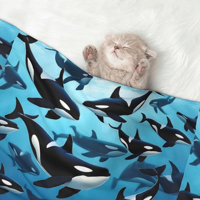 Double Sided Pet Mat for Dog Bed Topper Cat Blanket Furniture Protector, Killer Whales Orcas Ocean Sea Animals, Reversible Plush with Tactile Dot Pattern for Style Change