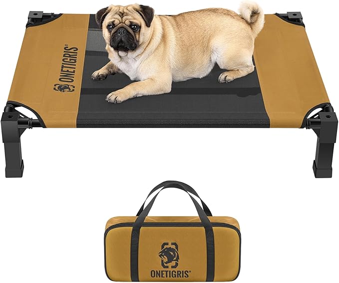 ONETIGRIS Elevated Dog Cot, Raised Bed for Medium Large Dogs Indoor Outdoor Cooling Elevated Dog Beds with Breathable Teslin Mesh and No-Slip Feet (Brown, Small)