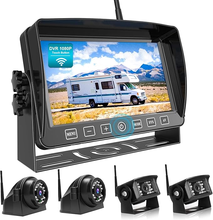 Fookoo HD 7" Wireless Backup Camera System, 1080P 7" Quad Split Screen Monitor, IP69 Waterproof Side Rear View Cameras, Parking Lines, Loop Recording, Digital Signal for RV/Trailer/Truck/Bus (DW7T4)