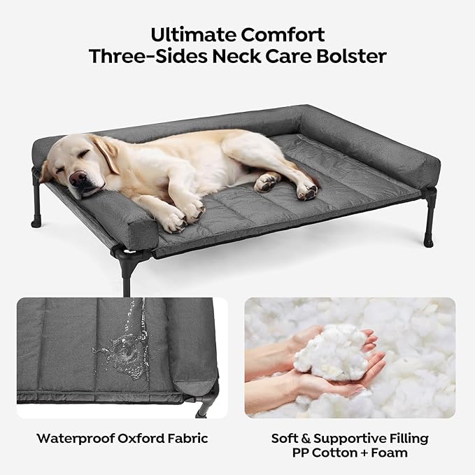 Veehoo Cooling Elevated Dog Bed Add Removable Waterproof Bolster Cushion Mat, Raised Pet Cot with Breathable Teslin Mesh, No-Slip Feet, Dog Couch Bed for Indoor Outdoor, Large, Black Silver