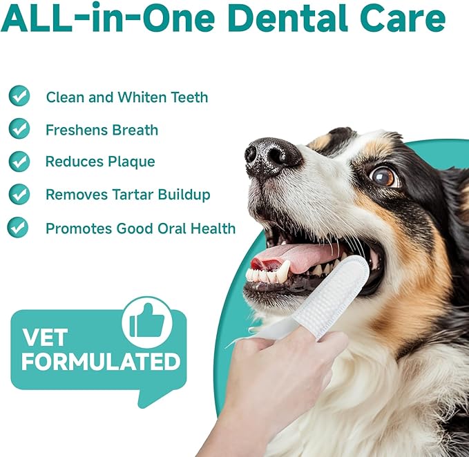Pet Dental Finger Wipes for Dogs & Cats, Dog Teeth Cleaning Wipes Tooth Brushing Kit by Remove Plaque and Tartar & Freshens Breath Buildup No-Rinse Dog Finger Toothbrush Mint Flavor