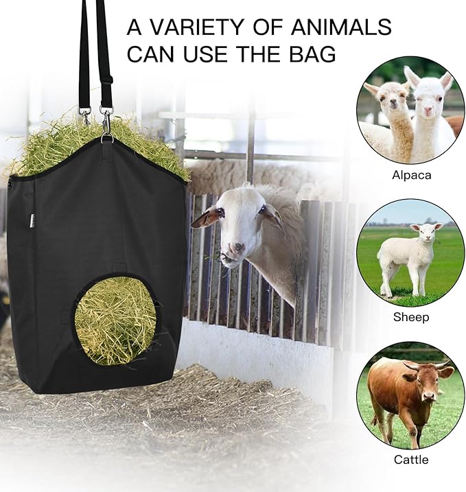 3 Packs Goat Hay Feeder,Hay Bags for Goats,Horses,Sheep,Premium 600D Oxford Cloth,with Metal Fastener and Adjustable Open Feed Hole for Slow Feeding. (3 Black)