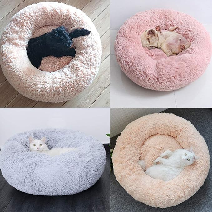 huraty Pet Dog Bed Plush Calming Bed, Fluffy Donut Round Pet Beds for Small Medium Large Dogs Cats, Anti-Slip & Anti-Anxiety, 28 Inch for Puppy and Kitties, Lilac, L