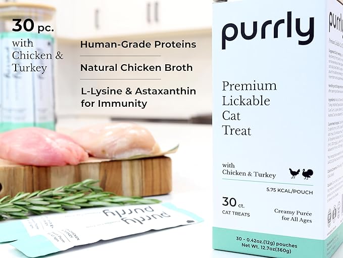 Purrly Interactive Lickable Cat Treats Low Calorie Human-Grade Chicken Breast & Turkey with L-Lysine & Astaxanthin for Immunity (30 Count) Non-Seafood Hydrating BPA-Free for All Ages