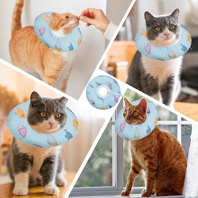 Cat Cone Collar Soft, Kitten Spay Soft Cones to Stop Licking, Cat Neck Donut Pillow After Surgery, Kittens Protective Collar After Spay, Cute Recovery Cone for Cats (Blue Fish, Small)
