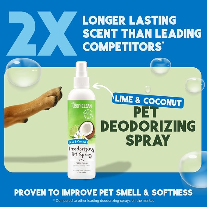 TropiClean Dog Perfume, Long Lasting Lime & Coconut Cologne, Deodorizing Spray for Smelly Dogs, After Bath Detangling Spray with Vitamin E, Safe for Cats, 8oz.