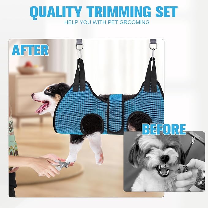 PAWCHIE Dog Grooming Hammock Harness for Dog Cat with Pet Nail Clipper Trimmer-Breathable Cat Hanger Sling for Trimming Clipping Nails-Dog Hammock Restraint Bag for Small Medium Large Dog, Dark Blue M
