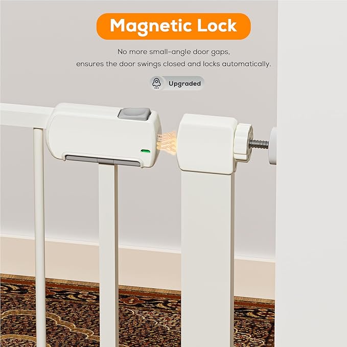 29.5-40.6" Magnetic Baby Gate for Stairs, Baby Safety Essentials, Auto Close Gate for Doorways, Easy Install Pressure Mounted Dog Gate Indoor, Pet Gates for Dogs, White