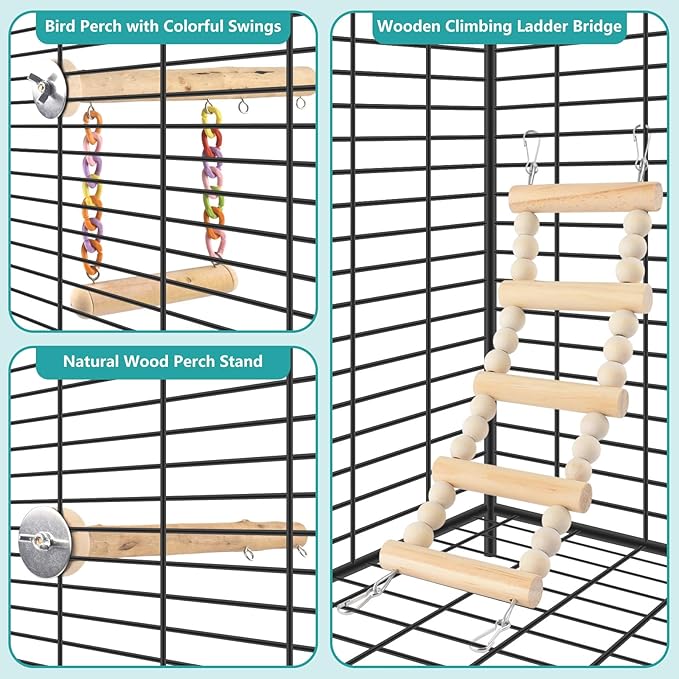 Bird Perches Ladder with Swing, Natural Wood Parrot Climbing Bridge Perch Toys, Exercise Play Stand Parakeet Cage Accessories for Budgie Cockatiel Green-Cheeked Conure Caique