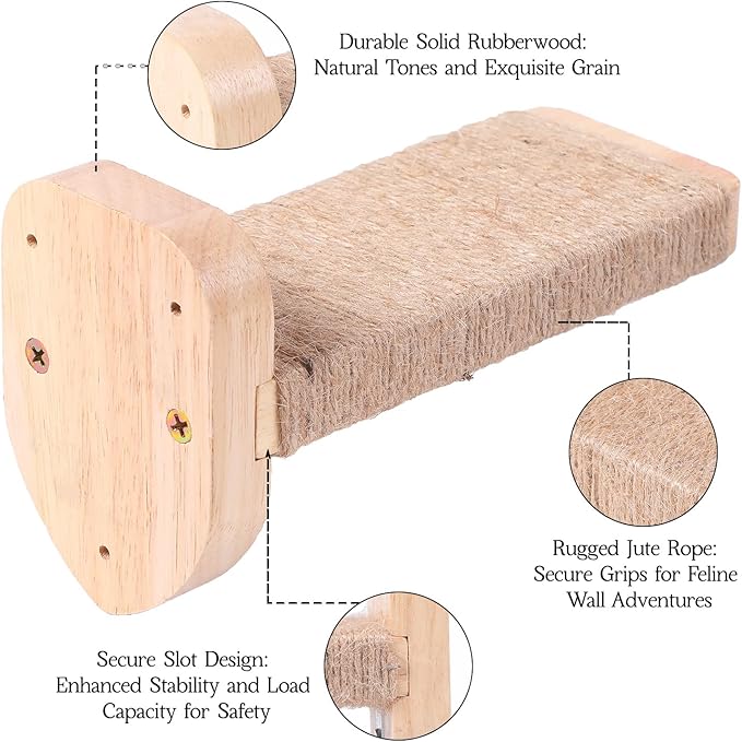 3pcs Cat Wall Steps, Climbing Mounted Furniture, Shelves With Hemp Rope Covered, Solid Wood Ladder for Playing and Climbing (Standard-Wood)