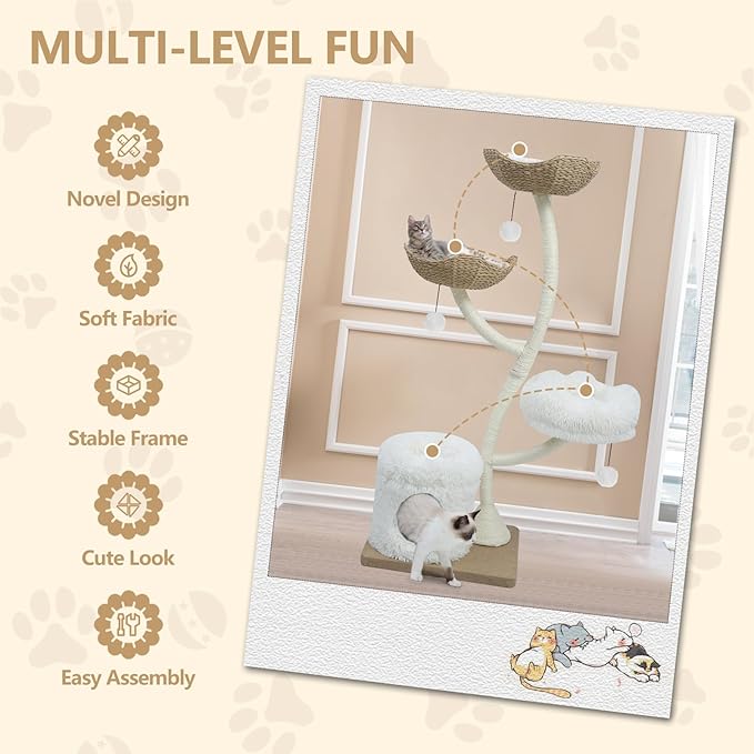 63” Tall Cat Tree Tower for Indoor Cats, Multi-Level Large Cat Climbing Furniture with Scratching Posts, Soft Perch, Cozy Cave, and Hanging Toys, Sturdy Design for Multi-Cat Households