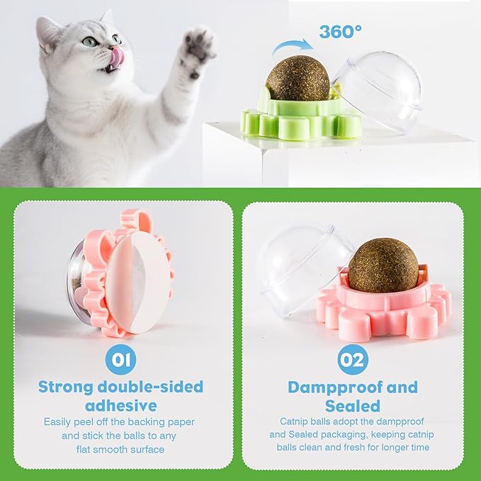 4 Pack Catnip Balls Roller Wall Ball for Cats Spinning Catnip Station Licking Balls Organic Cat nip Chew Ball for Teeth Cleaning & Play