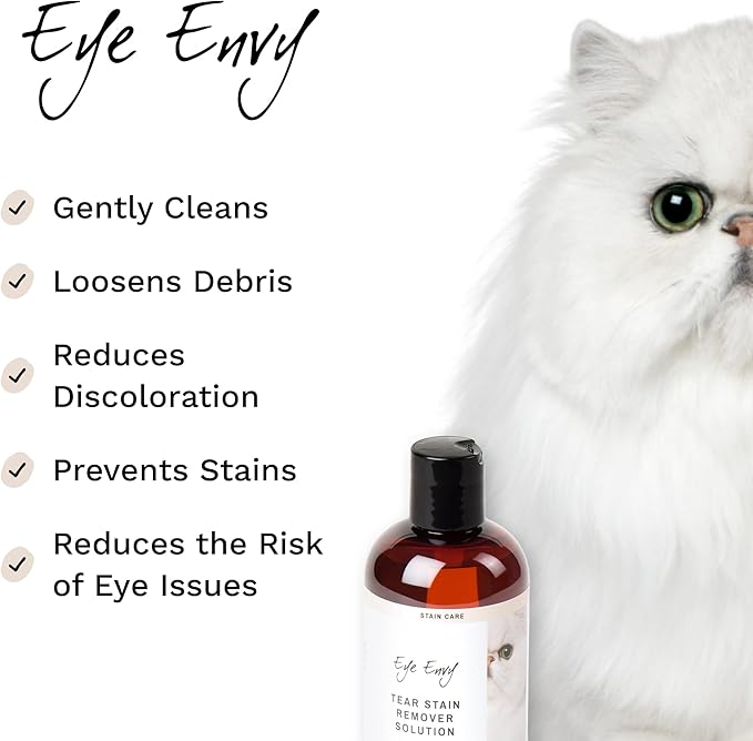 Eye Envy Tear Stain Remover Solution for Cats. 100% Natural, Safe. Treats The Cause of Stains. Recommended by Breeders, Vets, Groomers. Remove Eye Stains from Persians and Exotics. 2 oz. Made in USA