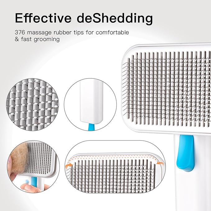 Self Cleaning Slicker Dog Cat Brush for Shedding - Deshedding Tool with Max Massage Tips, Grooming Brush for Short Medium Haired Cats & Dogs (Blue)