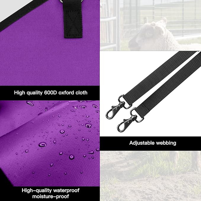 3 Packs Goat Hay Feeder,Hay Bags for Goats,Horses,Sheep,Premium 600D Oxford Cloth,with Metal Fastener and Adjustable Open Feed Hole for Slow Feeding. (2Purple + 1Black)