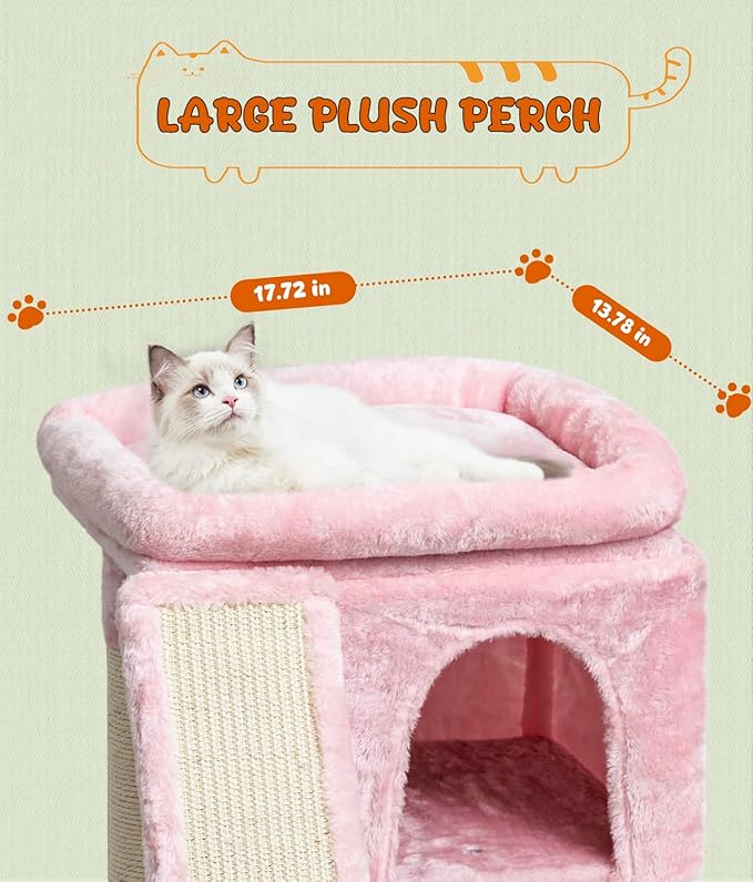 SYANDLVY Small Pink Cat Tree with Perch for Indoor Cats, Cat Tower with Scratching Post, Modern Activity House for Large Cats, Condo with Board, Kittens Cave