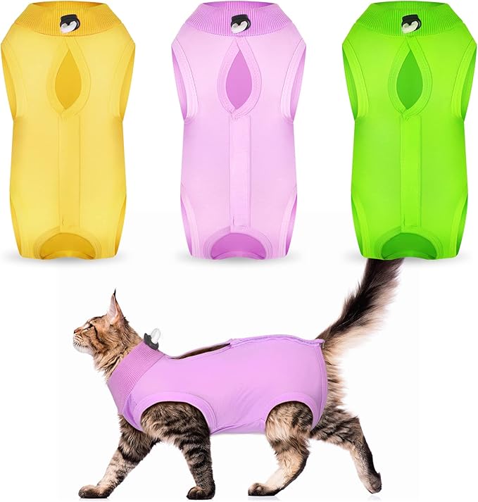 Nuanchu 3 Pieces Cat Recovery Suit Kitten Recovery Suit E-Collar Alternative for Cats and Dogs Abdominal Skin Anti Licking Pajama Clothes Sets(Simple Pattern,Medium)