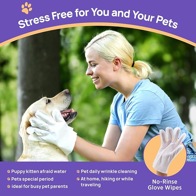 HICC PET Cleaning Deodorizing Glove Wipes for Dogs & Cats, Vet Recommended Hypoallergenic Pet Cleaning and Hydrating Glove Wipes, Nourish Fur Coconut Oil Pet Bathing Wipes for Horse Coat Care