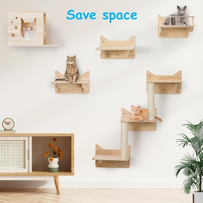 9-Piece Cat Wall Shelves and Perches for Wall, House, Lookout Tower, 2 Sisal Scratching Posts, 5-Step Wall Ladder, 7 Sisal Mat, Ideal Shelves for Wall - Sturdy Cat Wall Shelves for Large Cats