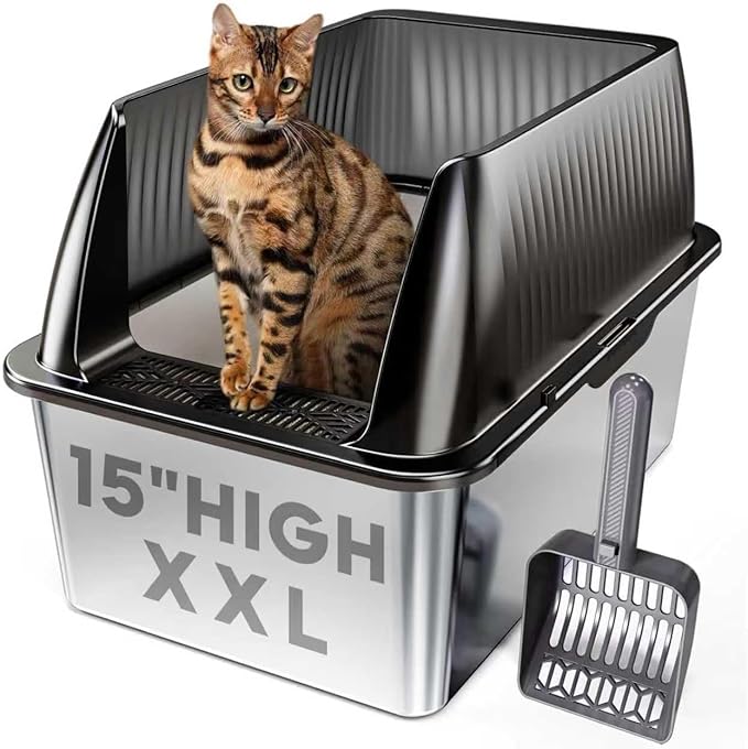 Tripamin 15” XL Stainless Steel Cat Litter Box Enclosure, XXL Stainless Steel High Sides with Lid, Extra Large Metal Cat Litter Box (Translucent Black, XX-Large)