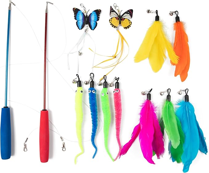 PAWSITIVE Interactive Cat Toys - Retractable Feather Wand with Refill Set 12PCS - Perfect for Indoor Cats to Chase, Exercise & Bond with Their Owners