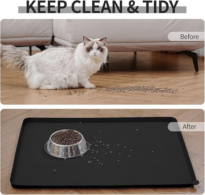 Waterproof Pet Feeding Mat with High Raised Edges, Heavier and Thicker Placemats for Cat Dog Water Bowl with BPA Free, Dogs Cats Food Mats for Messy Drinkers to Prevent Spill and Protect Floors