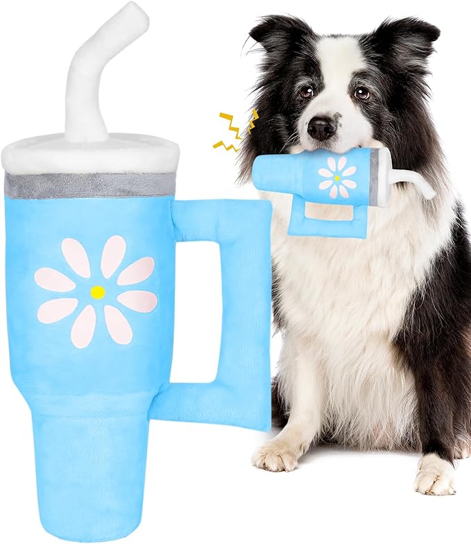 Squeaky Dog Toy - Crinkle Pup Cup Tumbler Plush Dog Toy with Cute Daisy Design for Small Medium Breeds, Funny Interactive Puppy Birthday Gift (Blue)