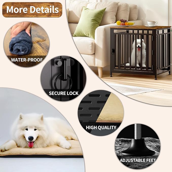 Dog Crate Furniture for Small Dogs, Dog Kennel Indoor, Anti-Chew Anti-Escape with Bed Crate Pad End Side Table Wooden Dog Crate,Steel-Tube Dog Cage, Rustic Brown