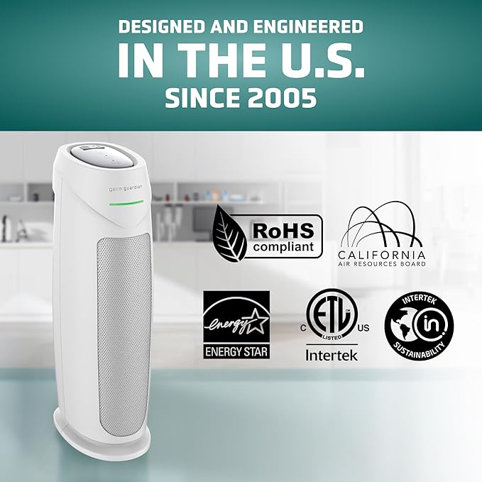 GermGuardian Air Purifier for Home, for Wildfire Smoke, Pets, Pollen, Odor, Mold Spores, Large Rooms Up to 743 Sq. Ft., with HEPA Pure Air Filter, UV-C Light, Air Quality Sensor, 22", AC4880W, White