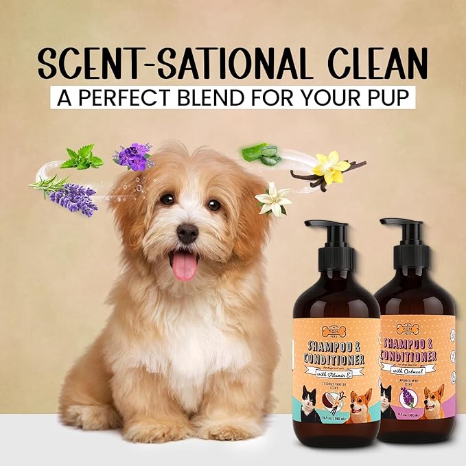 POM Pets 2 Pack 2-in-1 Organic Dog Shampoo & Conditioner – Itchy Skin Relief, Dog Deshedding, Detangles Fur, Cat Shampoo, Paw Cleaner for Dogs, Natural Coat Defense Formula