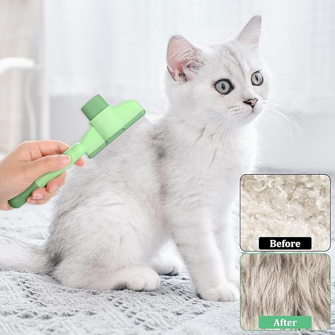 Flea Comb for Cats Dogs Brush for Shedding with Release Button Fine Tooth Pet Hair Removal Comb with Long & Short Stainless Steel Teeth for Deshedding Self-Cleaning Brush for Cat Dog Small Pets