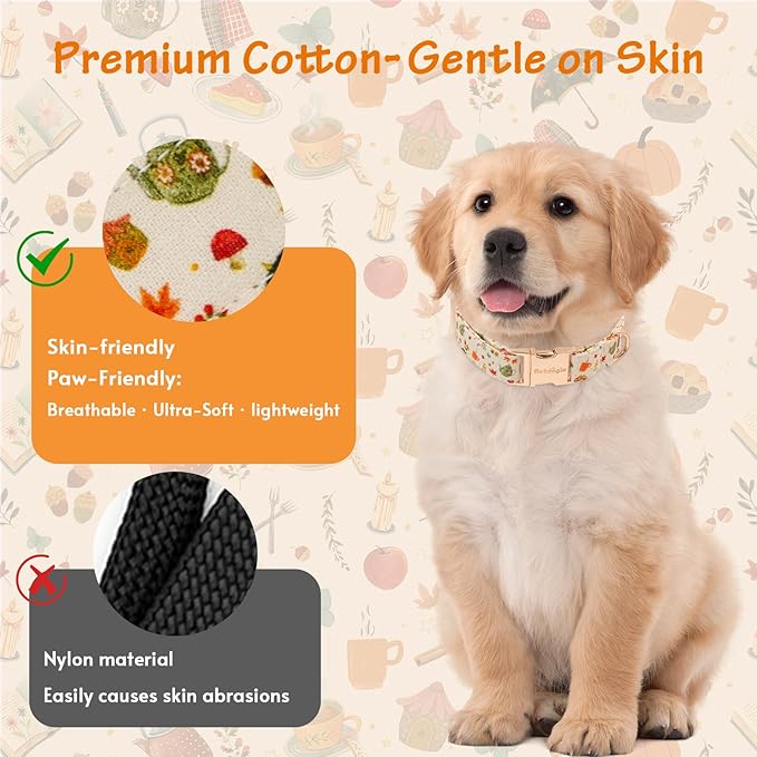 Autumn Dog Collar，Soft Cotton Handmade Pet Collar with Autumn Tea Party Design for Small Medium Large Dogs, Adjustable Collars for Fall Walks，Tea-Time Adventures & Fireside Snuggles -S