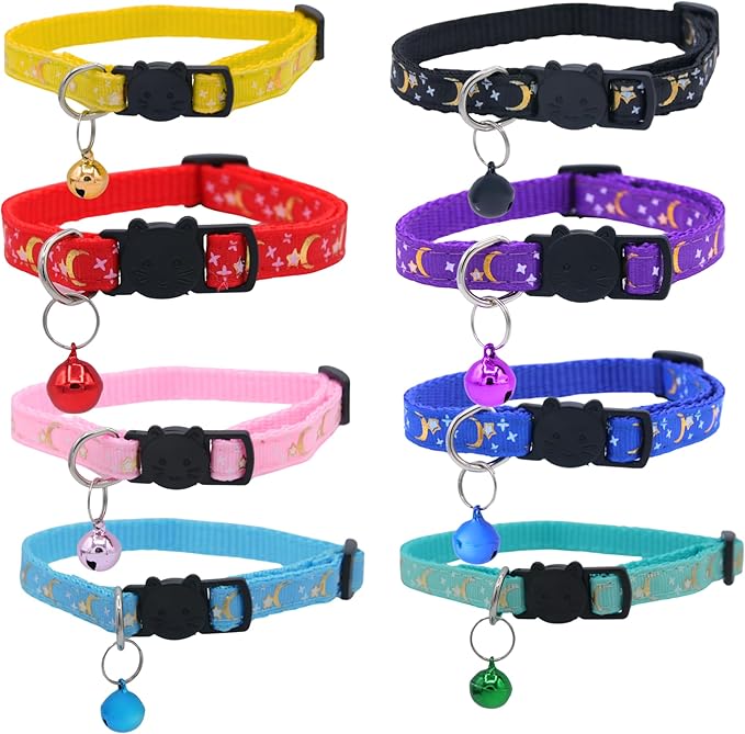 Set of 2: KioKatt Celestial Nylon Cat Collars with Matching Bells – Adjustable Breakaway Safety Collars for Adult Cats, 7–11" (Black + Red)