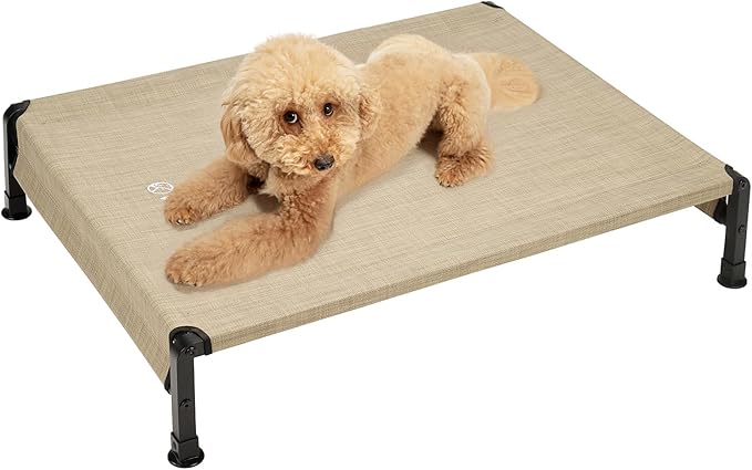 Veehoo Cooling Outdoor Dog Bed, Heavy Duty Elevated Pet Bed with Washable & Breathable Teslin Mesh, Non-Slip Silicon Feet, Dog Cot Bed with Support Hem, 29" x 18", Beige Coffee, CWC2433
