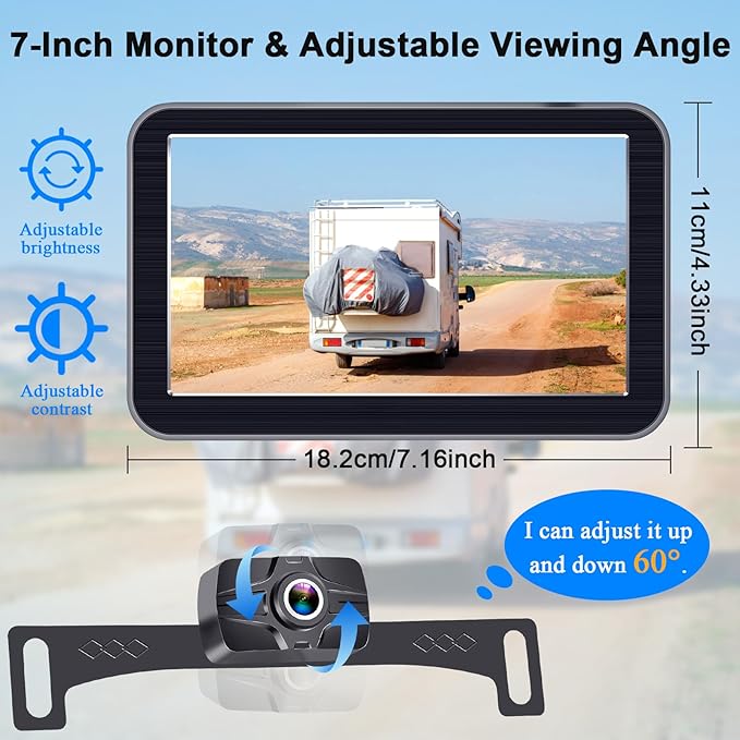 7-Inch Wireless Backup Camera for Truck - 2 Channel, DIY Grid Lines, HD 1080P, Night Vision, IP69K Waterproof, Backup Camera for Truck, Pickup, Trailer, Cars - Parking Safety & Towing Assistance