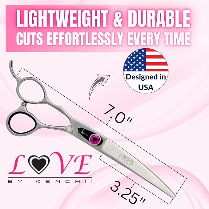 Kenchii Love Left Handed Dog Grooming Scissors, 7 Inch Curved Shears, Dog Scissors for Grooming, Professional Pet Grooming Scissors, Ergonomic & Comfortable