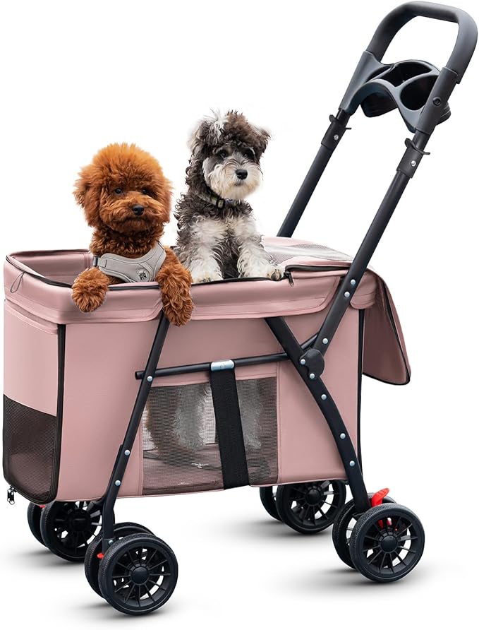 Pet Stroller Cat Dog Stroller Travel Folding Pet Carriers（Pink）