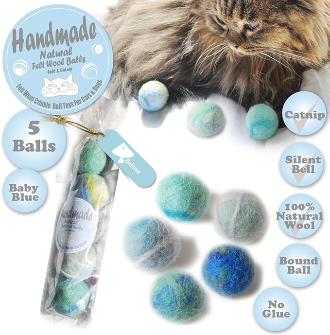 Felt Wool Cat Toys Ball with Catnip and Bell, Natural Handmade (Baby Blue (5 Units))