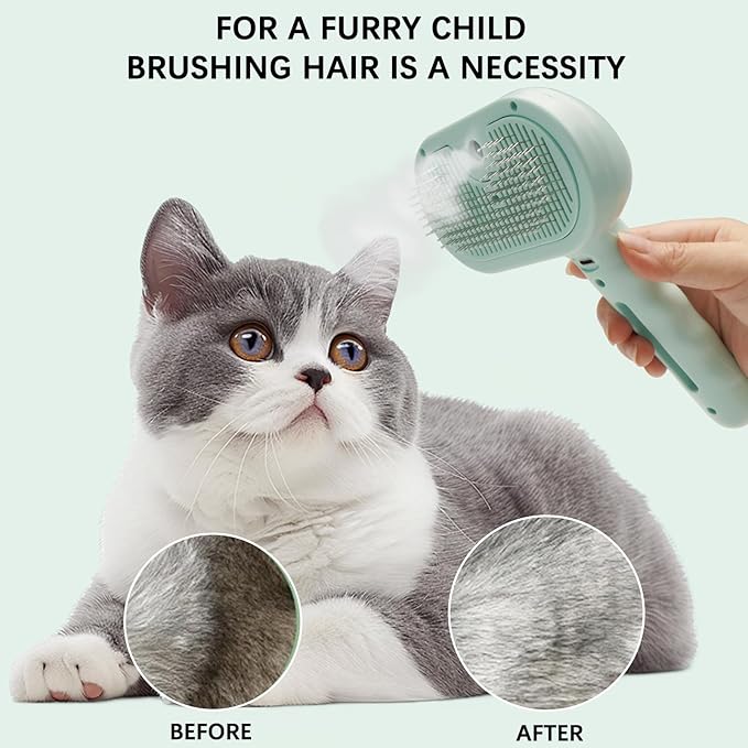 Pet Steam Brush for Cat & Dog – 4-in-1 De-Shedding, Steam Spray, and Self-Cleaning Grooming Tool – Ideal for Long and Short-Haired Pets– Includes 2 Bottles of 120 mL Waterless Shampoo(Green)