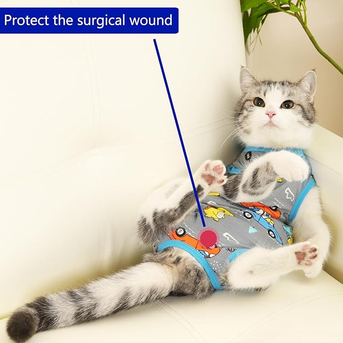 Cat Surgery Recovery Suit Professional for Surgical Abdominal Wound Or Skin Diseases E-Collar Alternative for Cats After Surgery Wear Pajama Suit (Gray, Large)