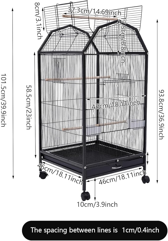 Bird Cage, Open Top Medium Small Bird Cage with 360° Full Hollow Design & Interactive Skylight Rolling Birds Cages for Cockatiel Sun Conure Green Cheek Senegal Meyer's Red-Bellied 18.11*18.11*39.9 In
