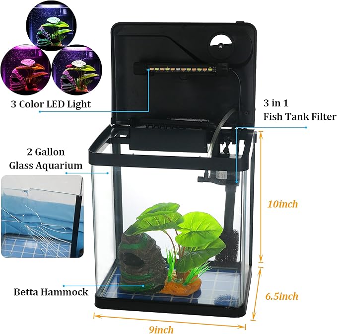 Betta Fish Tank Self Cleaning Glass 2 Gallon Small Nano Aquarium Starter Kits Desktop Room Decor w/LED Light Decorations & Whisper Filters Water Pump (Fish Tank)